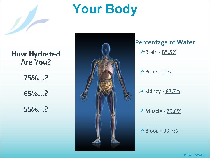 Your Body Percentage of Water How Hydrated Are You? 75%. . . ? Brain