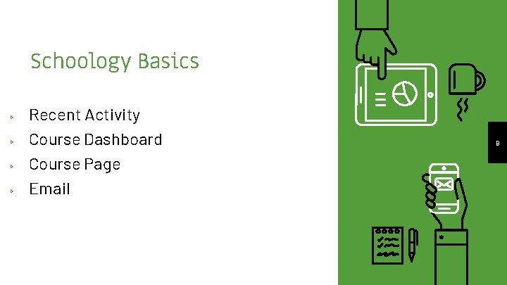 Schoology Basics ▹ ▹ Recent Activity Course Dashboard Course Page Email 9 