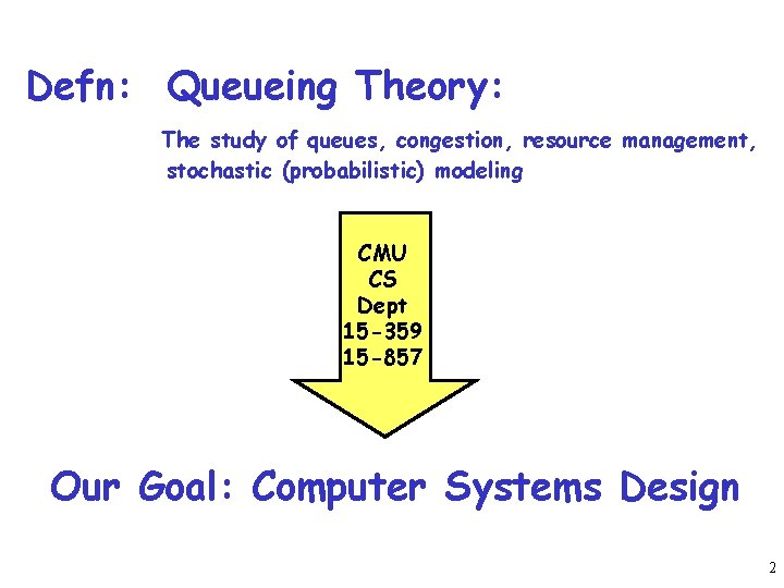 Defn: Queueing Theory: The study of queues, congestion, resource management, stochastic (probabilistic) modeling CMU