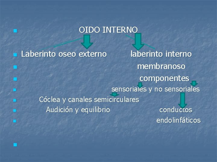 n n n n n OIDO INTERNO Laberinto oseo externo laberinto interno membranoso componentes