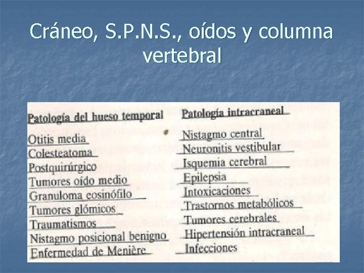 Cráneo, S. P. N. S. , oídos y columna vertebral 