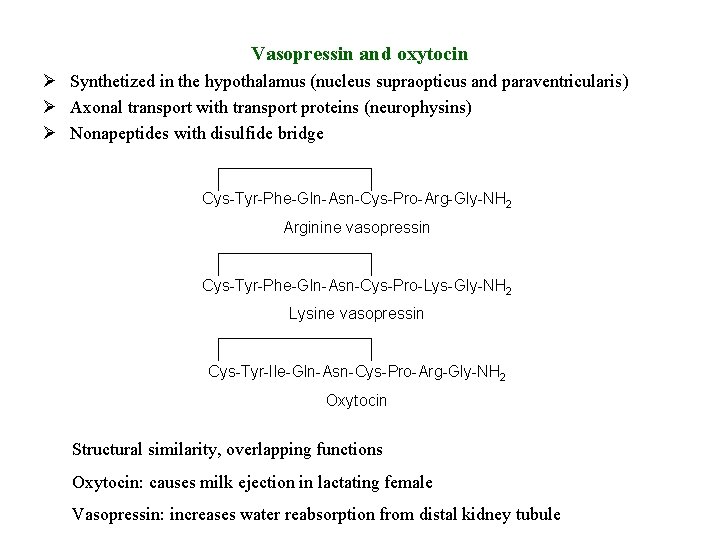 Vasopressin and oxytocin Ø Synthetized in the hypothalamus (nucleus supraopticus and paraventricularis) Ø Axonal