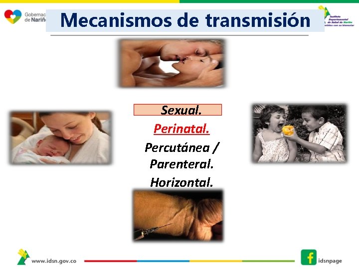 Mecanismos de transmisión Sexual. Perinatal. Percutánea / Parenteral. Horizontal. 