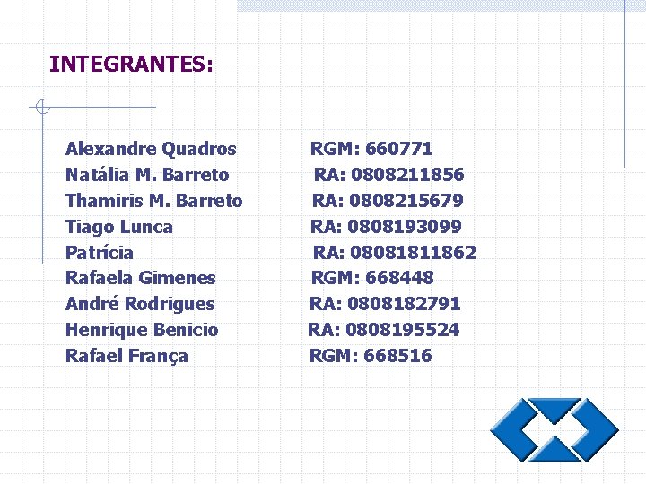 INTEGRANTES: Alexandre Quadros Natália M. Barreto Thamiris M. Barreto Tiago Lunca Patrícia Rafaela Gimenes