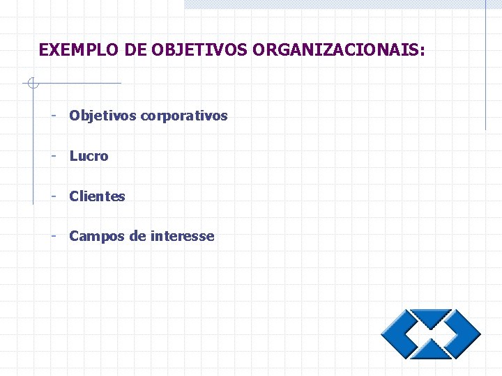 EXEMPLO DE OBJETIVOS ORGANIZACIONAIS: - Objetivos corporativos - Lucro - Clientes - Campos de