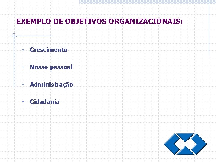 EXEMPLO DE OBJETIVOS ORGANIZACIONAIS: - Crescimento - Nosso pessoal - Administração - Cidadania 