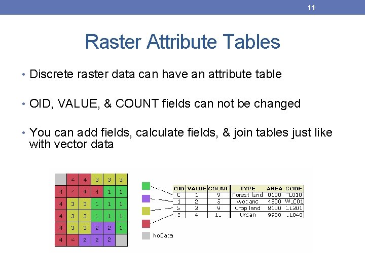 11 Raster Attribute Tables • Discrete raster data can have an attribute table • 11 Raster Attribute Tables • Discrete raster data can have an attribute table •