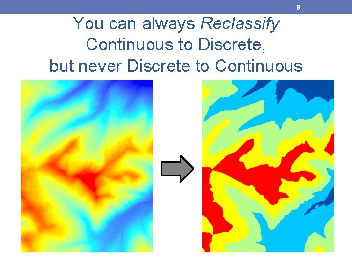 9 You can always Reclassify Continuous to Discrete, but never Discrete to Continuous 9 You can always Reclassify Continuous to Discrete, but never Discrete to Continuous