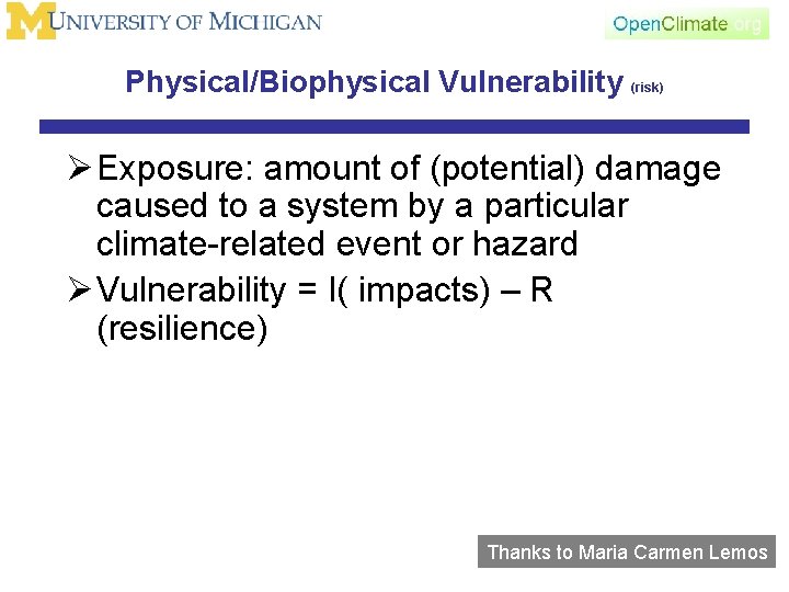 Physical/Biophysical Vulnerability (risk) Ø Exposure: amount of (potential) damage caused to a system by