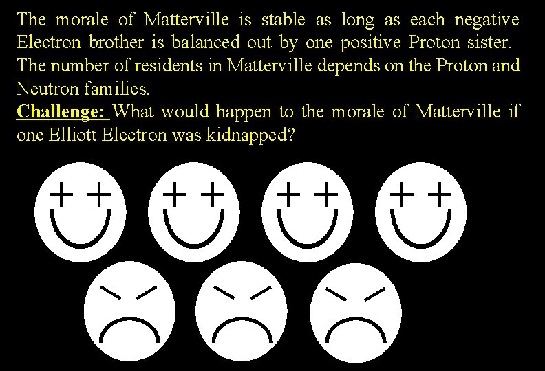 The morale of Matterville is stable as long as each negative Electron brother is