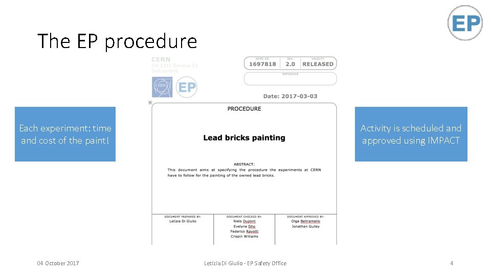 The EP procedure Each experiment: time and cost of the paint! 04 October 2017