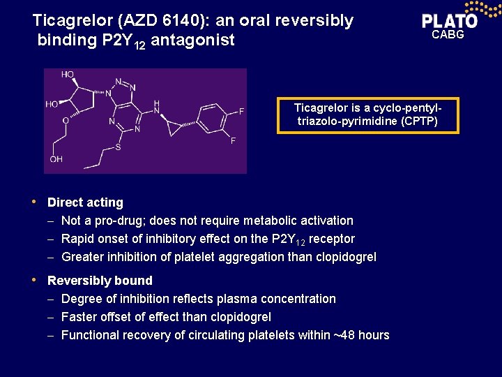 Ticagrelor (AZD 6140): an oral reversibly binding P 2 Y 12 antagonist CABG Ticagrelor