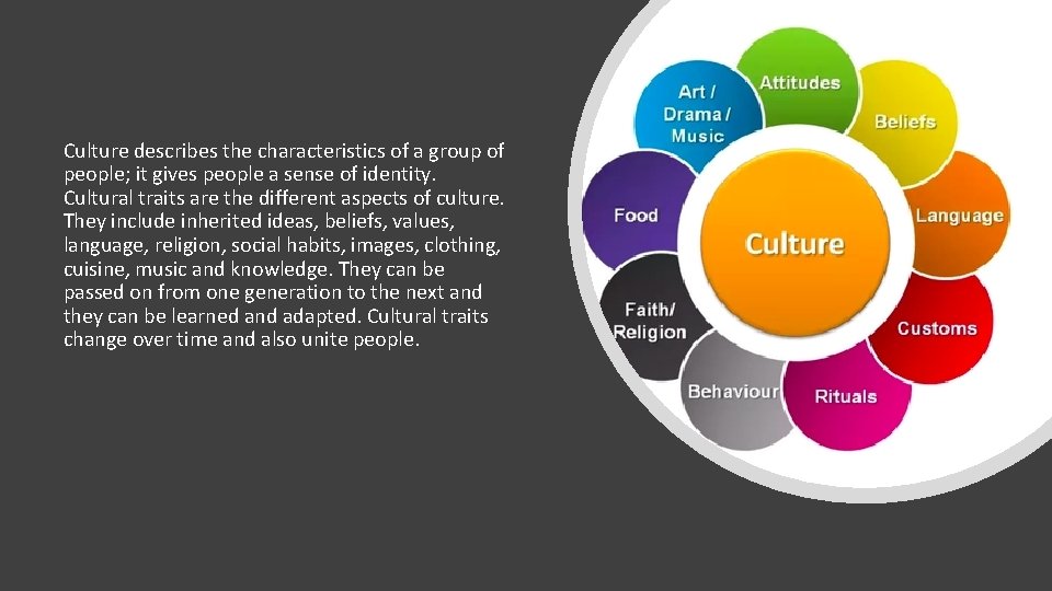 Culture describes the characteristics of a group of people; it gives people a sense