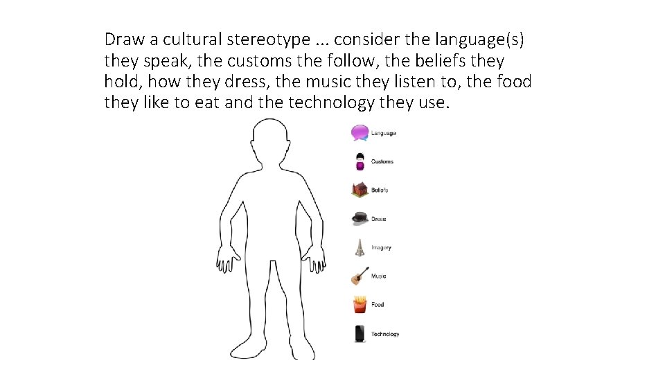 Draw a cultural stereotype. . . consider the language(s) they speak, the customs the