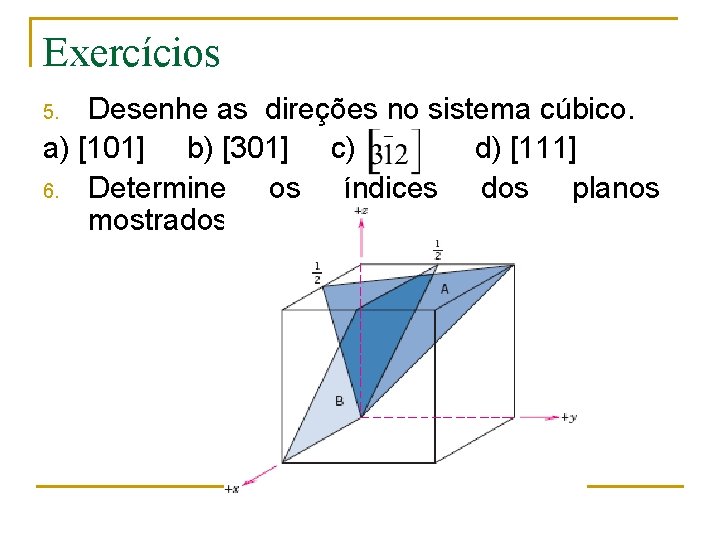 Exercícios Desenhe as direções no sistema cúbico. a) [101] b) [301] c) d) [111]