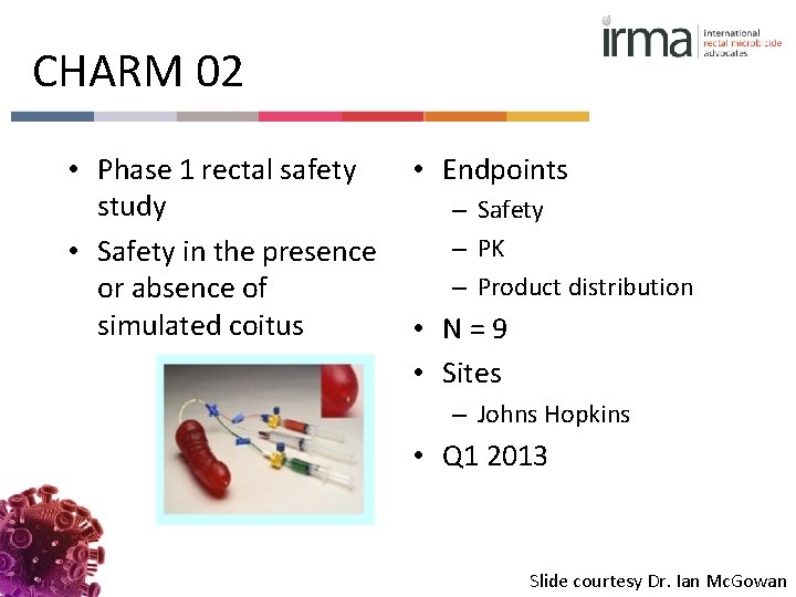 CHARM 02 • Phase 1 rectal safety study • Safety in the presence or