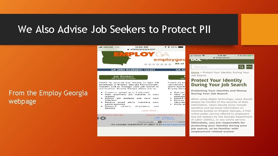 We Also Advise Job Seekers to Protect PII From the Employ Georgia webpage 