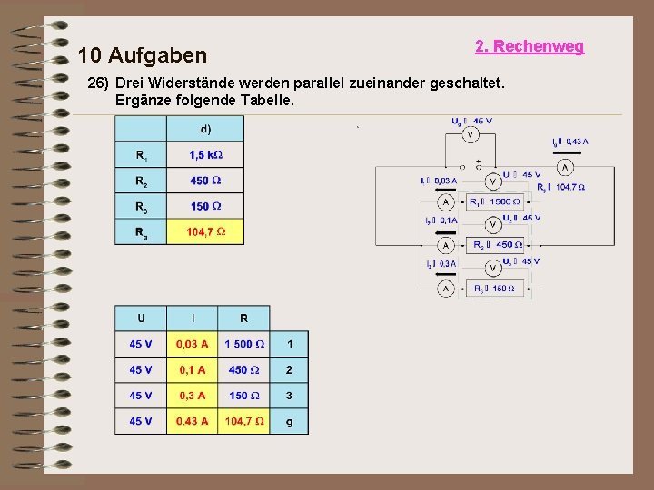 10 Aufgaben 2. Rechenweg 26) Drei Widerstände werden parallel zueinander geschaltet. Ergänze folgende Tabelle.