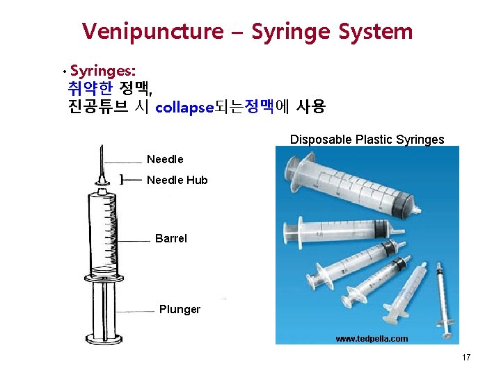 Venipuncture – Syringe System • Syringes: 취약한 정맥, 진공튜브 시 collapse되는정맥에 사용 Disposable Plastic