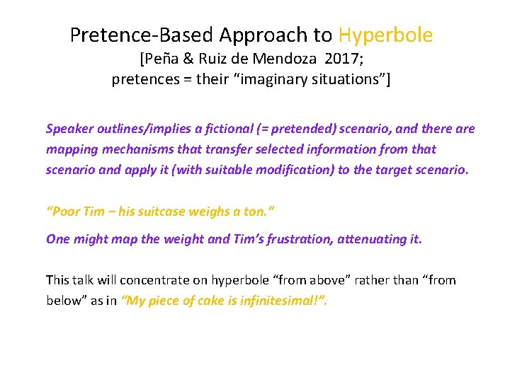 Pretence-Based Approach to Hyperbole [Peña & Ruiz de Mendoza 2017; pretences = their “imaginary