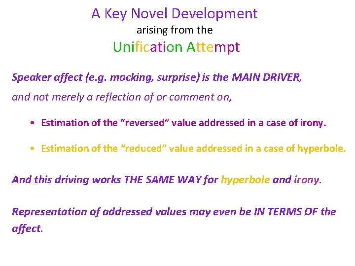 A Key Novel Development arising from the Unification Attempt Speaker affect (e. g. mocking,