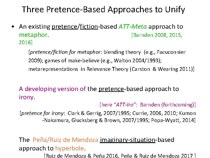 Three Pretence-Based Approaches to Unify • An existing pretence/fiction-based ATT-Meta approach to metaphor. [Barnden