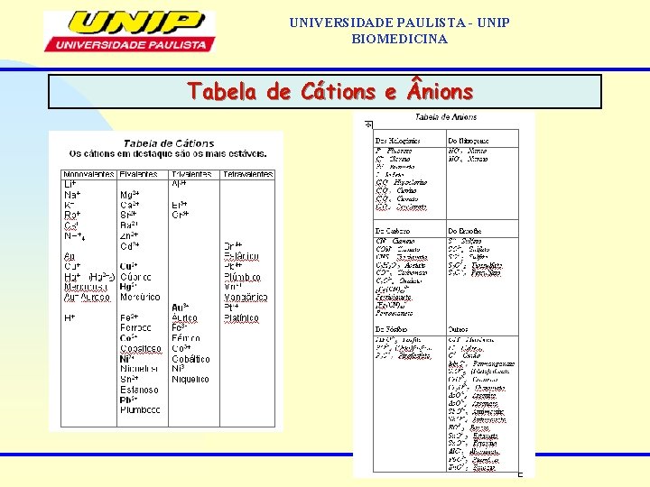 UNIVERSIDADE PAULISTA - UNIP BIOMEDICINA Tabela de Cátions e nions 