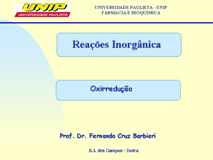 UNIVERSIDADE PAULISTA - UNIP FARMÁCIA E BIOQUÍMICA Reações Inorgânica Oxirredução Prof. Dr. Fernando Cruz