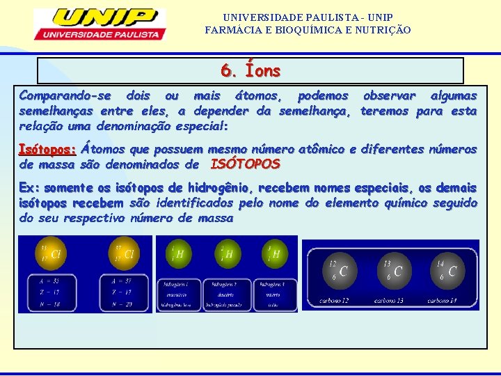 UNIVERSIDADE PAULISTA - UNIP FARMÁCIA E BIOQUÍMICA E NUTRIÇÃO 6. Íons Comparando-se dois ou