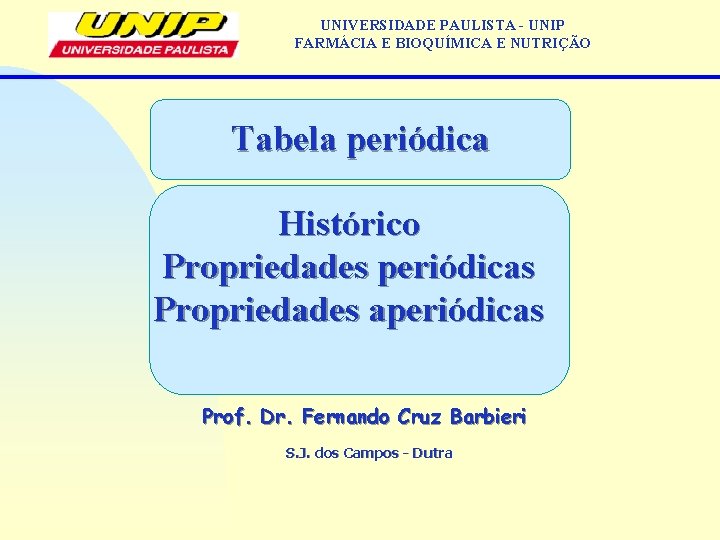 UNIVERSIDADE PAULISTA - UNIP FARMÁCIA E BIOQUÍMICA E NUTRIÇÃO Tabela periódica Histórico Propriedades periódicas