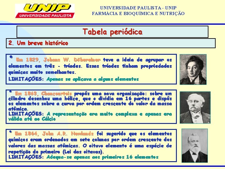 UNIVERSIDADE PAULISTA - UNIP FARMÁCIA E BIOQUÍMICA E NUTRIÇÃO Tabela periódica 2. Um breve