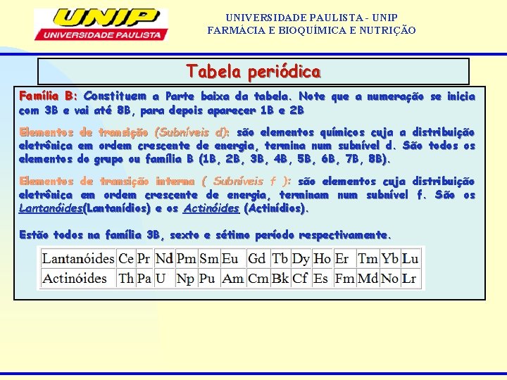 UNIVERSIDADE PAULISTA - UNIP FARMÁCIA E BIOQUÍMICA E NUTRIÇÃO Tabela periódica Família B: Constituem