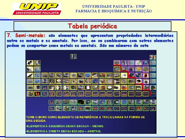 UNIVERSIDADE PAULISTA - UNIP FARMÁCIA E BIOQUÍMICA E NUTRIÇÃO Tabela periódica 7. Semi-metais: são