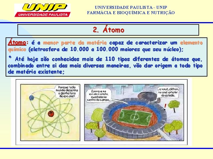 UNIVERSIDADE PAULISTA - UNIP FARMÁCIA E BIOQUÍMICA E NUTRIÇÃO 2. Átomo: é a menor