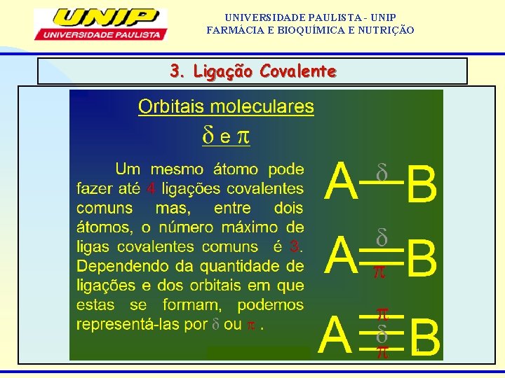 UNIVERSIDADE PAULISTA - UNIP FARMÁCIA E BIOQUÍMICA E NUTRIÇÃO 3. Ligação Covalente 