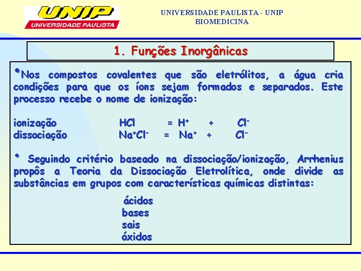 UNIVERSIDADE PAULISTA - UNIP BIOMEDICINA • Nos 1. Funções Inorgânicas compostos covalentes que são