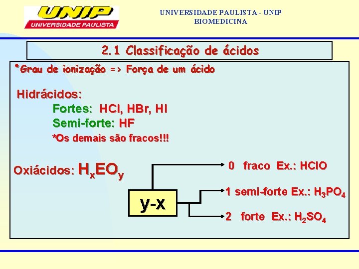 UNIVERSIDADE PAULISTA - UNIP BIOMEDICINA 2. 1 Classificação de ácidos • Grau de ionização