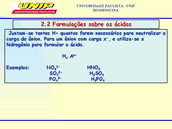 UNIVERSIDADE PAULISTA - UNIP BIOMEDICINA 2. 2 Formulações sobre os ácidos Juntam-se tantos H+