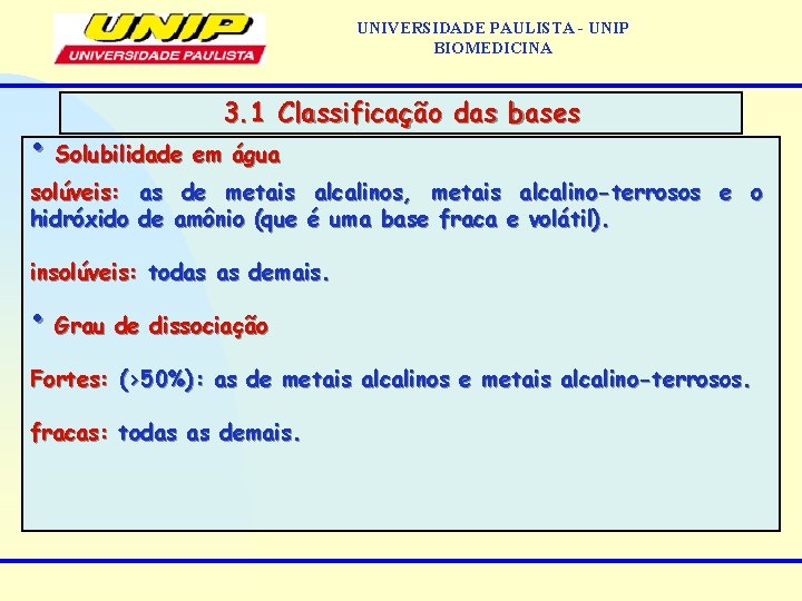 UNIVERSIDADE PAULISTA - UNIP BIOMEDICINA 3. 1 Classificação das bases • Solubilidade em água