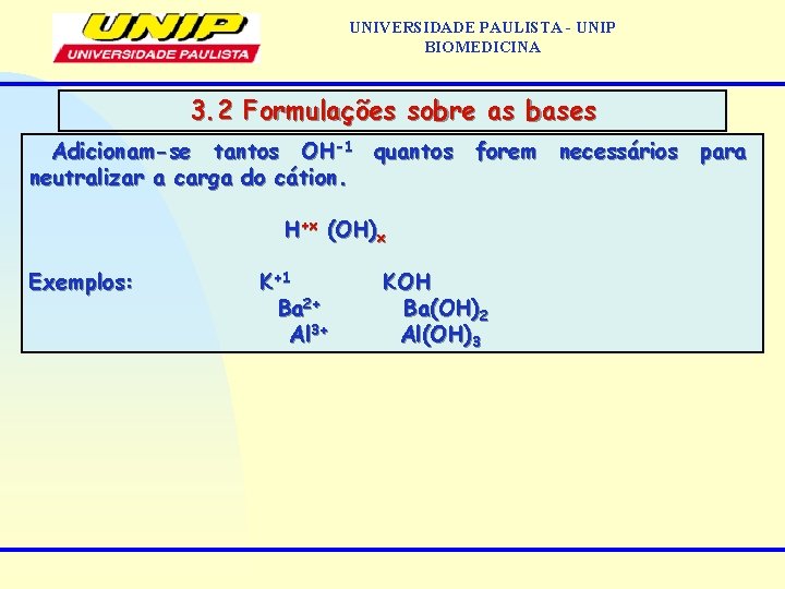 UNIVERSIDADE PAULISTA - UNIP BIOMEDICINA 3. 2 Formulações sobre as bases Adicionam-se tantos OH-1