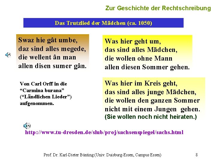 Zur Geschichte der Rechtschreibung 8 Das Trutzlied der Mädchen (ca. 1050) Swaz hie gât