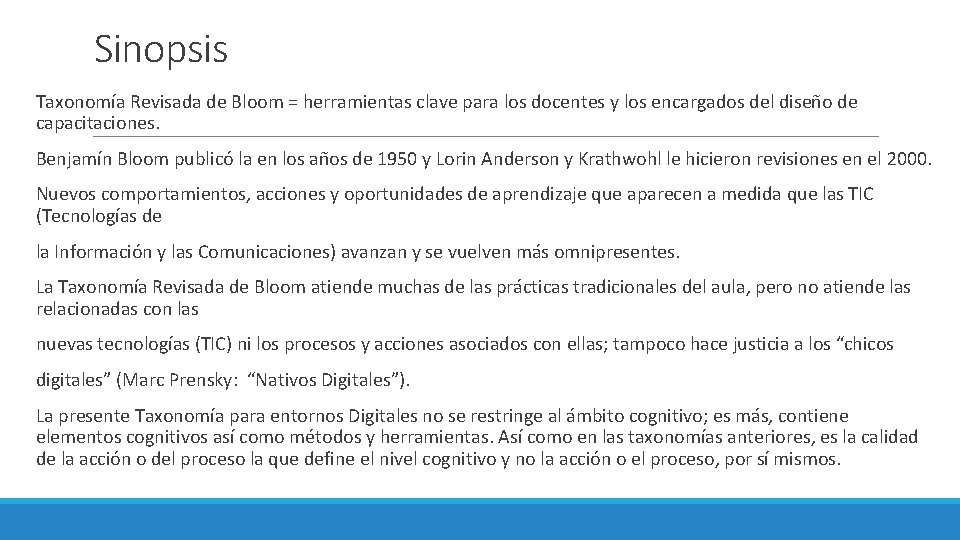 Sinopsis Taxonomía Revisada de Bloom = herramientas clave para los docentes y los encargados