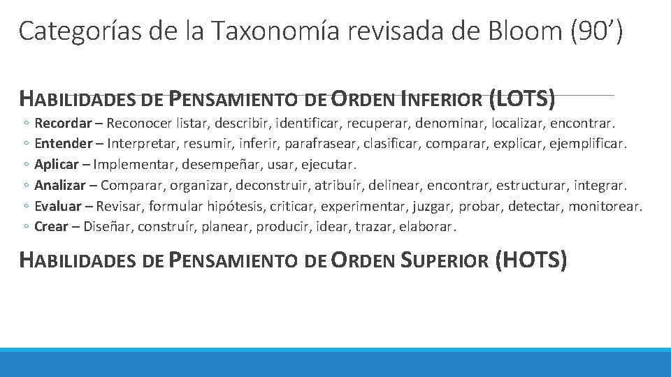 Categorías de la Taxonomía revisada de Bloom (90’) HABILIDADES DE PENSAMIENTO DE ORDEN INFERIOR