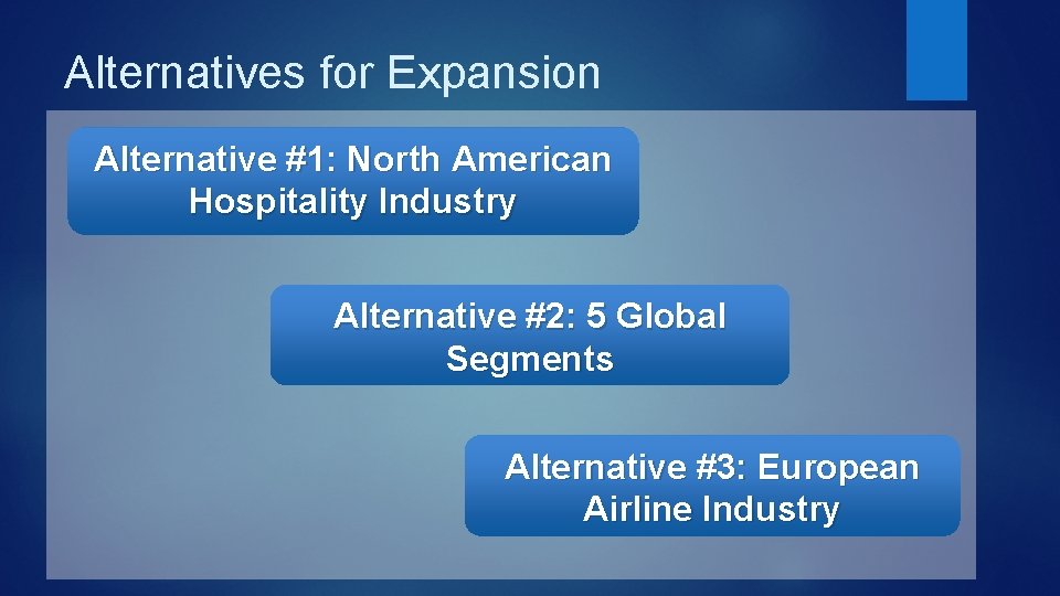 Alternatives for Expansion Alternative #1: North American Hospitality Industry Alternative #2: 5 Global Segments