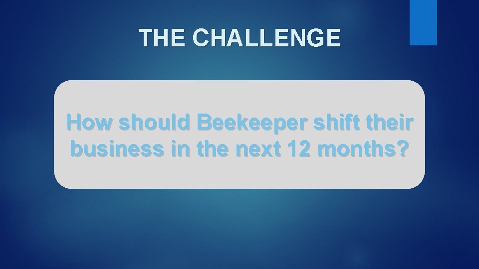 THE CHALLENGE How should Beekeeper shift their business in the next 12 months? 