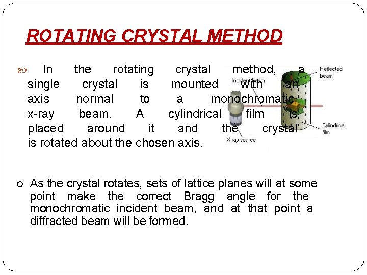 ROTATING CRYSTAL METHOD In the rotating crystal method, a single crystal is mounted with