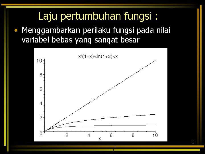 Laju pertumbuhan fungsi : • Menggambarkan perilaku fungsi pada nilai variabel bebas yang sangat