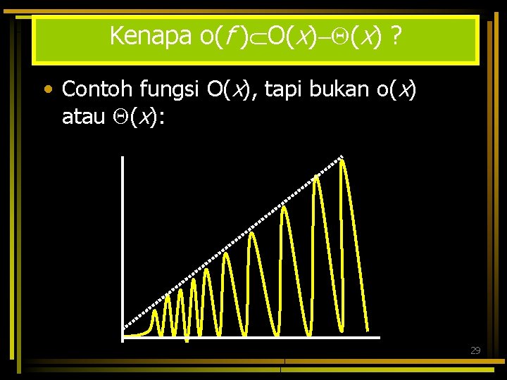 Kenapa o(f ) O(x) ? • Contoh fungsi O(x), tapi bukan o(x) atau (x):