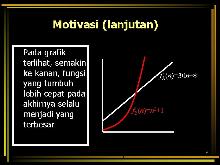 Motivasi (lanjutan) Pada grafik terlihat, semakin ke kanan, fungsi yang tumbuh lebih cepat pada
