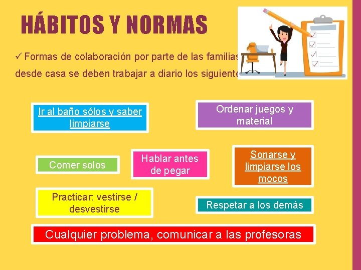 HÁBITOS Y NORMAS ü Formas de colaboración por parte de las familias, desde casa